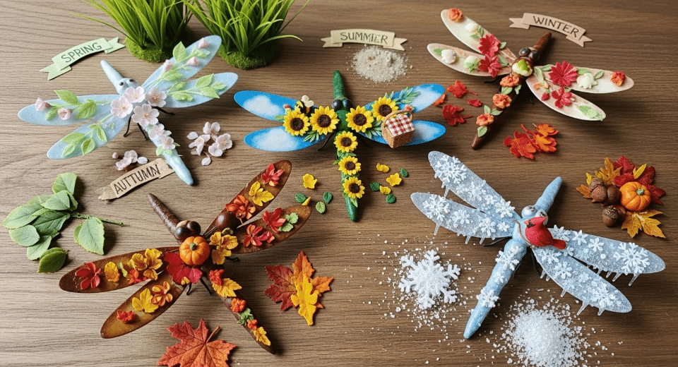 Adapting Dragonfly Crafts for Different Seasons Dragonfly crafts adapted for different seasons, showcasing seasonal themes.