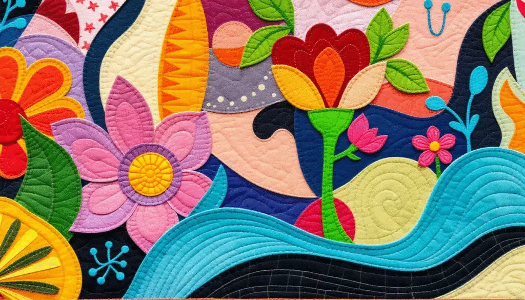 Adding embellishments to appliqué art.