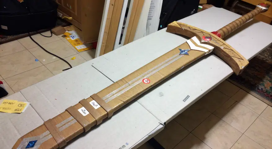 A completed cardboard sword assembled with various parts.