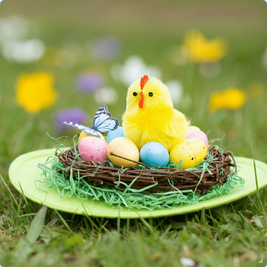 Birds Nest Photograph of a fluffy yellow chick, colorful Easter eggs in a nest, and a butterfly on a green plate in a soft-focus grassy field with spring flowers.