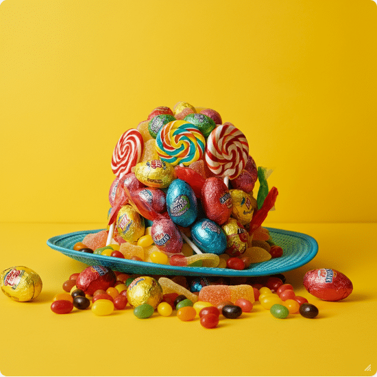 Candy Explosion Hat Photograph of a vibrant, overflowing mound of assorted candies and lollipops on a blue plate against a bright yellow background, evoking joy and indulgence.