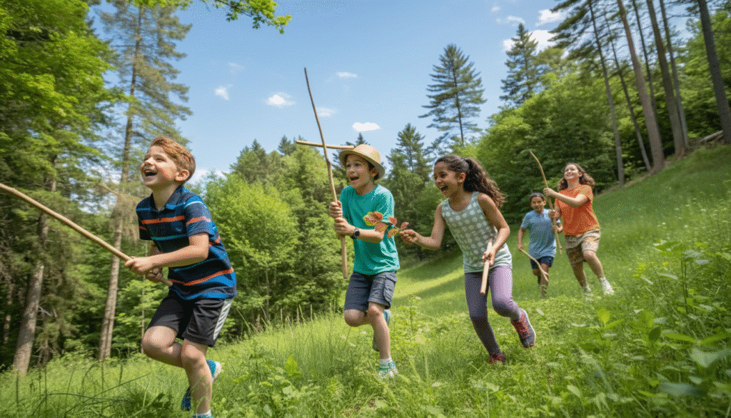 Children Playing With Stick Games Children participating in outdoor games and challenges with sticks, enjoying the fun activities in nature.