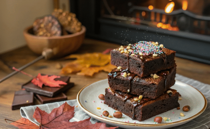 Chocolate Brownie with Popping Candy Photograph of rich, fudgy chocolate brownies with chocolate drizzle and hazelnut toppings, artfully stacked on a plate in a warm, cozy setting by a fireplace with autumn leaves.