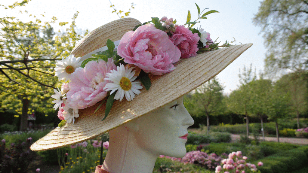 Classical Garden Hat Photograph of a beautifully decorated straw hat with pink peonies and daisies on a mannequin head, set in a sunlit, lush garden, evoking spring elegance.