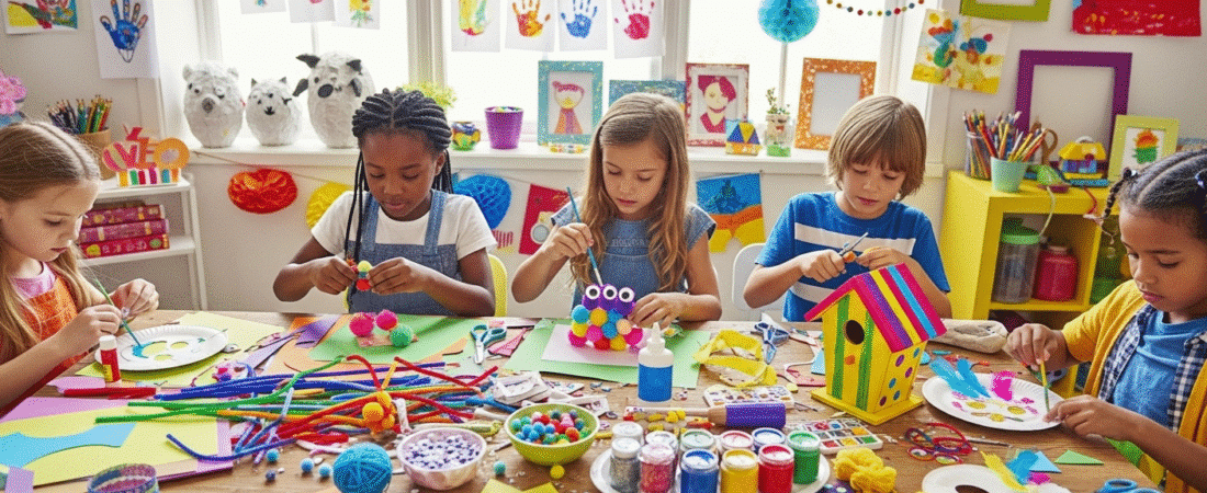 Children creating colorful crafts at home.