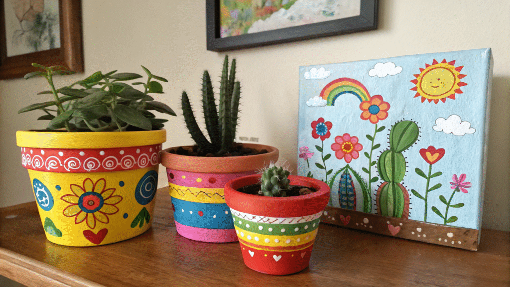 Colorful Home Decor Colorful home decor items including painted pots and canvas art.