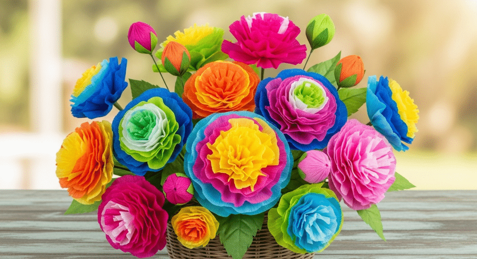 Colorful Tissue Paper Flowers A vibrant arrangement of colorful tissue paper flowers, showcasing various colors and designs.