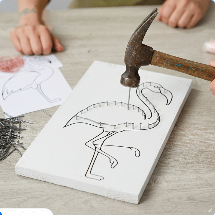 Creating Flamingo Outline Photograph of a person hammering nails into a wooden board to create a flamingo string art project, highlighting the hands-on process of DIY crafting.