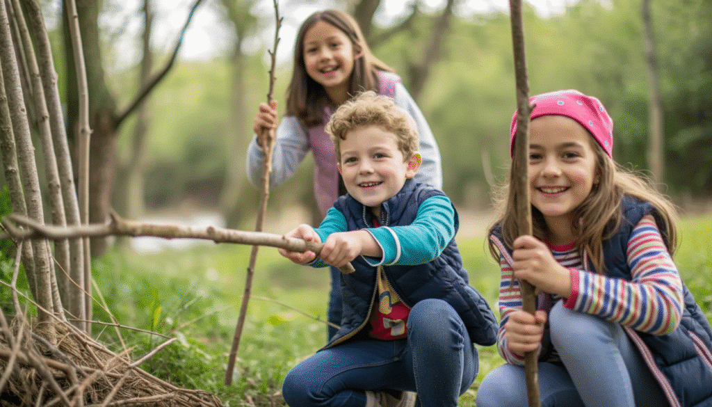 Creative Activities with Sticks Kids enjoying creative activities with sticks during a nature walk, showcasing their playful engagement with nature.