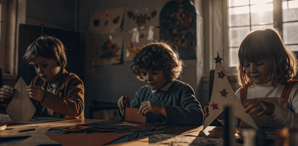 Creative Construction Paper Crafts Children crafting creative construction paper projects, showcasing their artistic flair.