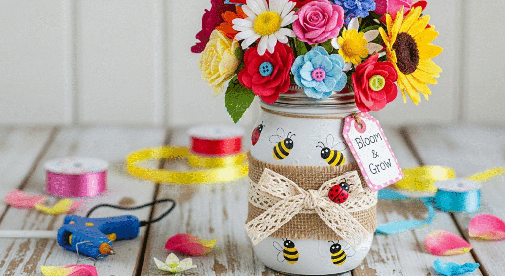 Customizable Mason Jar Vase A beautiful customizable mason jar vase filled with colorful flowers, showcasing cute craft ideas.