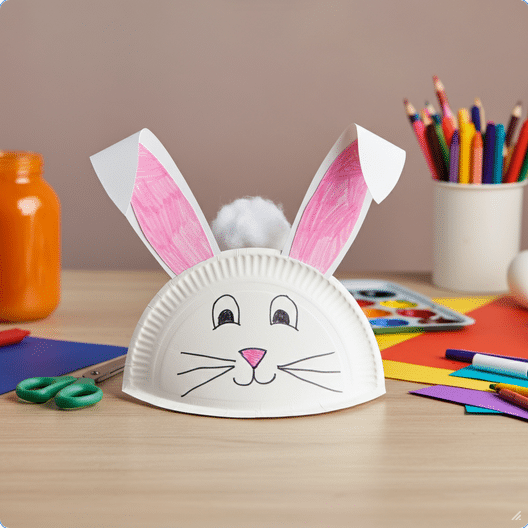 Cute Bunny Hat Photograph of a homemade paper plate bunny craft surrounded by art supplies on a wooden table, evoking creativity, fun, and family-friendly activities.