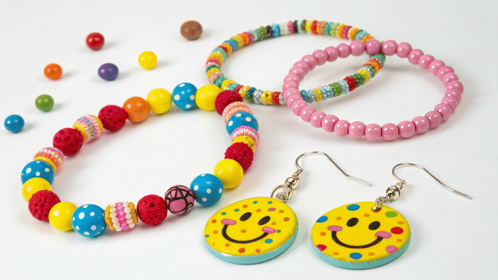 DIY Colorful Jewelry DIY colorful jewelry including beaded bracelets and painted earrings.