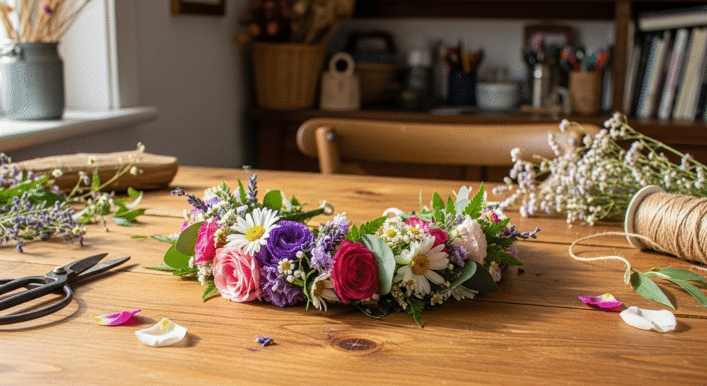 DIY Flower Crown A stunning DIY flower crown made from colorful flowers and greenery, representing craft projects.