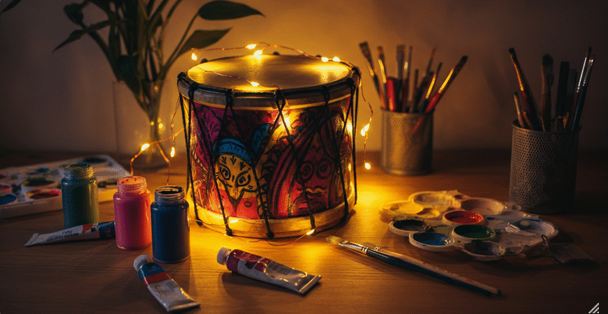 Photograph of a DIY decorated drum with paint supplies and fairy lights, evoking creativity, festive joy, and the satisfaction of a handmade project.