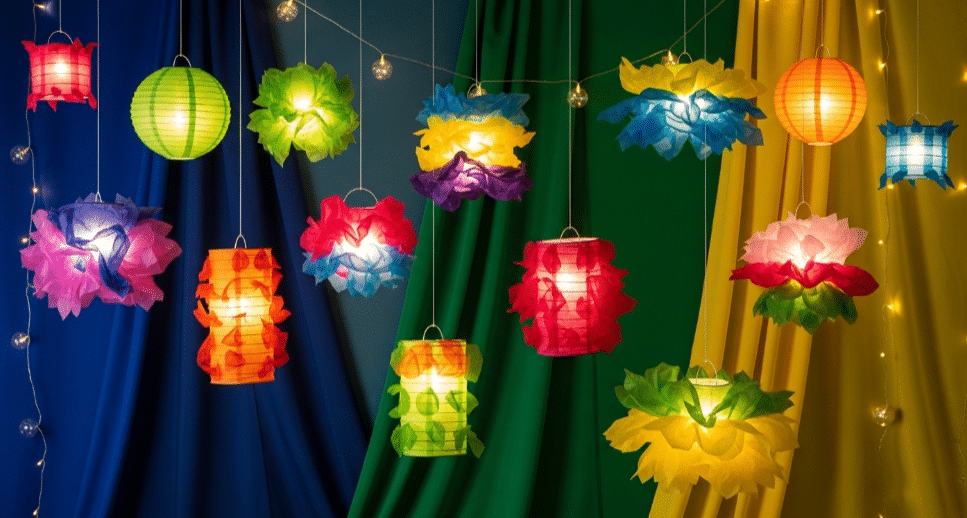 DIY Tissue Paper Lanterns A DIY project displaying lanterns made from tissue paper, hanging in a colorful setting.