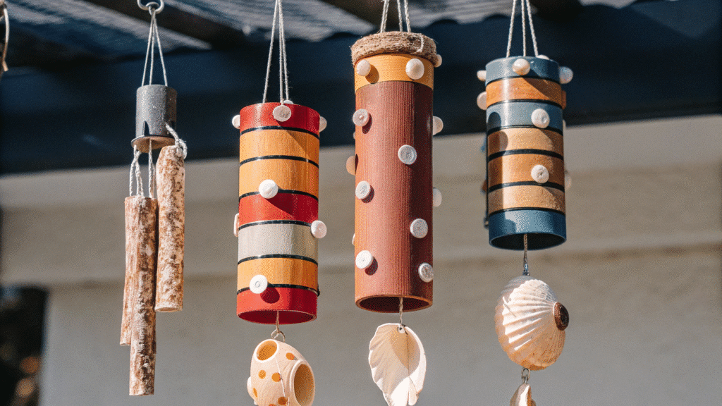 DIY Wind Chimes Colorful DIY wind chimes made from various materials, showcasing creative craft ideas.