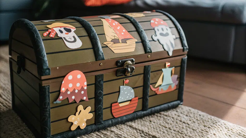 Decorating a treasure chest with colorful stickers.