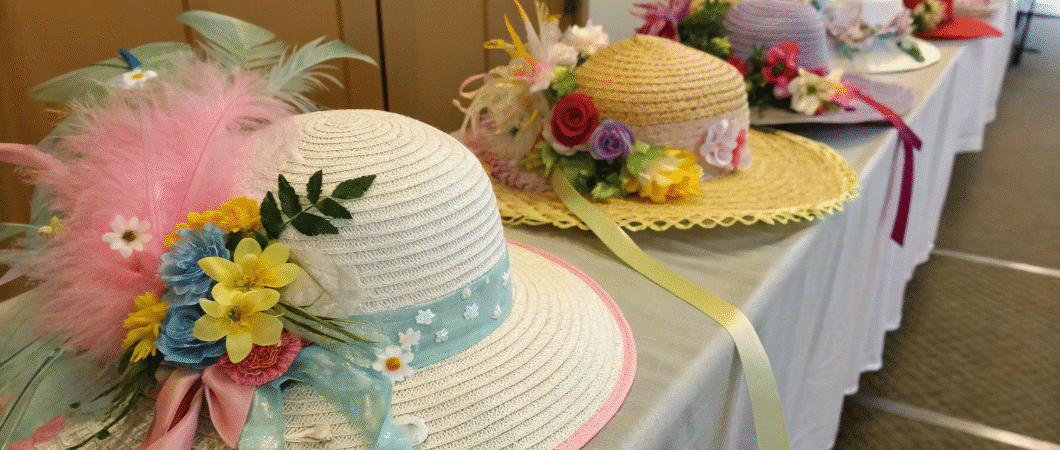 Easter Bonnets Easter bonnets on a table.