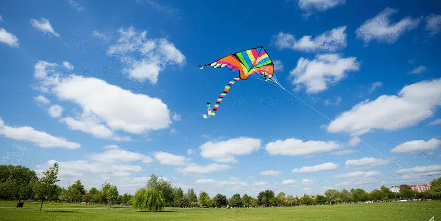 Photograph of a vibrant, colorful kite flying high against a clear blue sky with fluffy white clouds, over a lush green park, evoking feelings of freedom and joy.