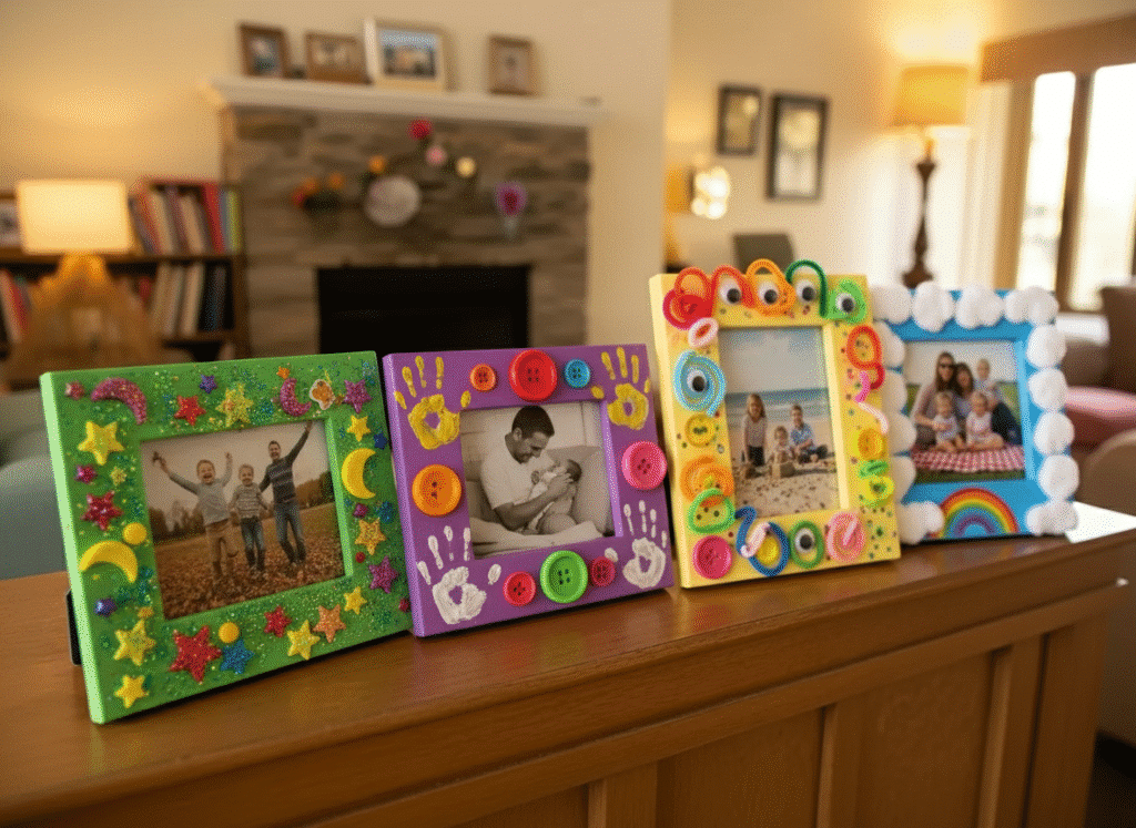 Family Photo Frames Creative family photo frames decorated by preschool children, featuring various family photos.