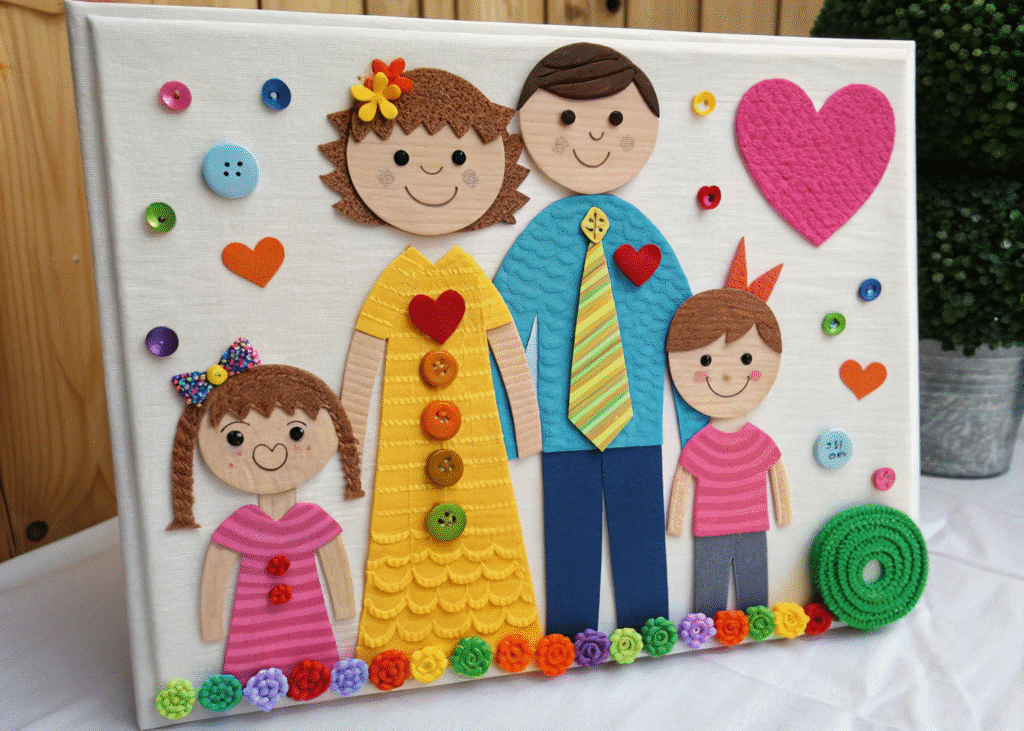 Family Potrait Crafts A colorful family portrait made with various craft materials, showcasing different family members.