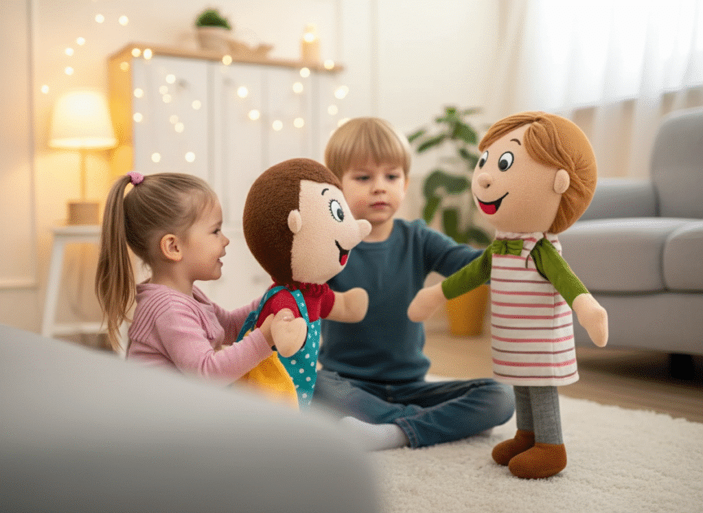 Family Puppets Children engaging in play with family puppets, representing different family members.