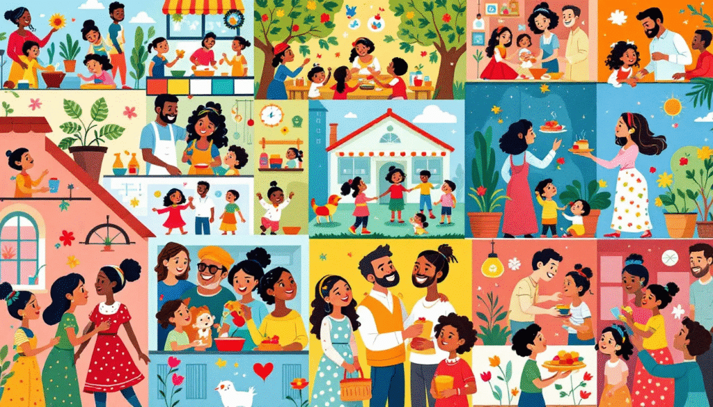 Family Tradition Collage A collage representing various family traditions, created by children in a preschool setting.