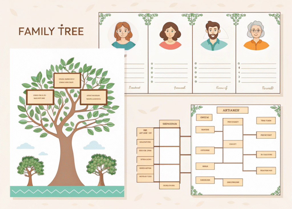 Family Tree Templates Templates for creating family trees, showcasing different family members and relationships.