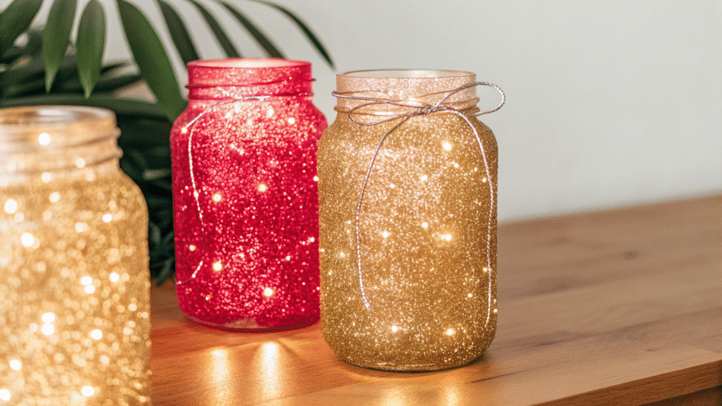 Glitter Mason Jar Lanterns Sparkly glitter mason jar lanterns that add a touch of magic to any space, ideal for craft ideas.