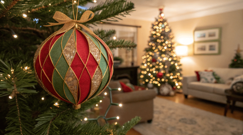 Handmade Paper Ornaments Photograph of a beautifully decorated Christmas tree, featuring a prominent red and green paper ornament with gold accents, evoking warmth and festive cheer.