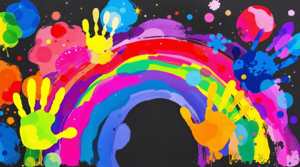Handprint Rainbow Art A colorful handprint rainbow art created by children.