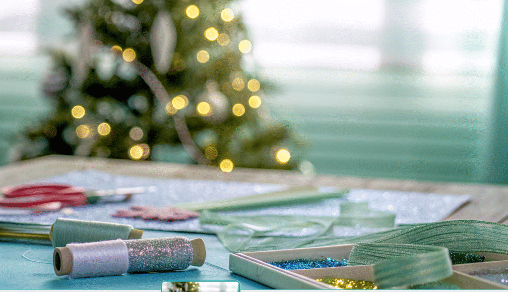 Holiday Crafting Scene Photograph of a festive crafting scene with colorful supplies on a wooden table, set against a blurred, warmly lit Christmas tree, evoking holiday creativity and joy.