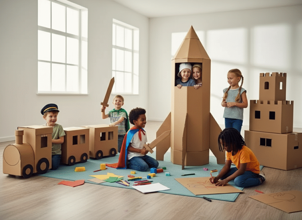 Imaginative Play Children participating in imaginative play with cardboard boxes.