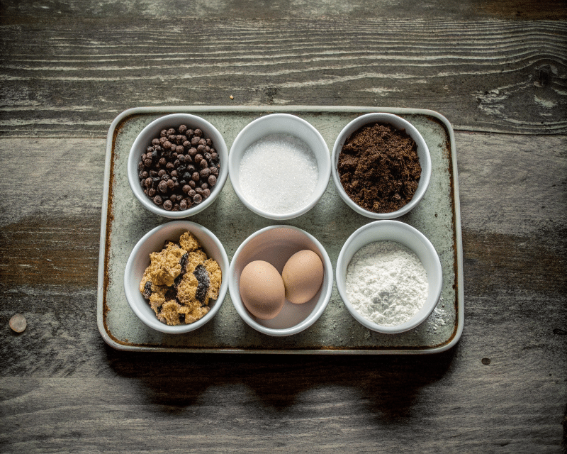 Ingredients for Bonfire Brownies Photograph of various baking ingredients like chocolate chips, candied ginger, cocoa powder, eggs, and sprinkles, neatly arranged in small bowls on a rustic wooden surface, suggesting preparation for baking.