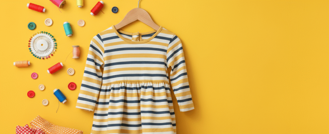 Little Girl Dress Striped Photograph of a charming striped baby dress on a hanger, surrounded by colorful sewing supplies, set against a vibrant yellow background, evoking creativity and warmth.