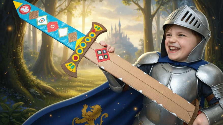 Making the Hilt A child wearing a costume holding a cardboard sword with a decorated hilt.