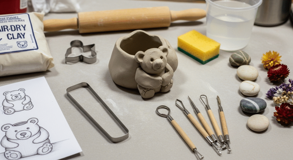 Materials Needed for Clay Bear Planters Materials needed for making clay bear planters including clay and tools.