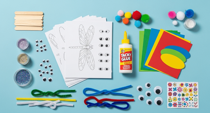 Materials Needed for Crafting Dragonflies Materials needed for dragonfly craft including various supplies.