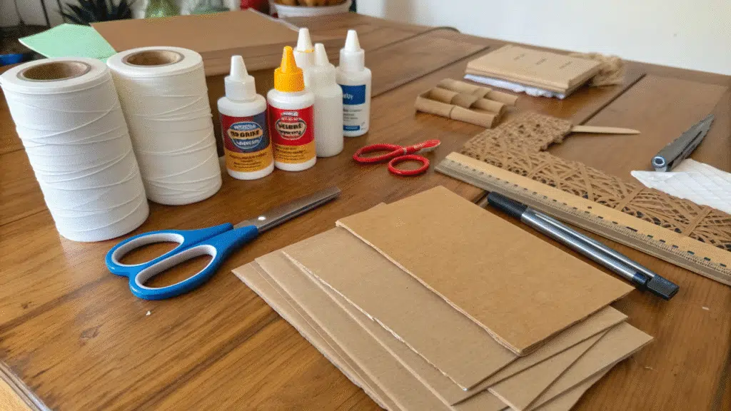 A variety of crafting materials including cardboard, scissors, and glue.