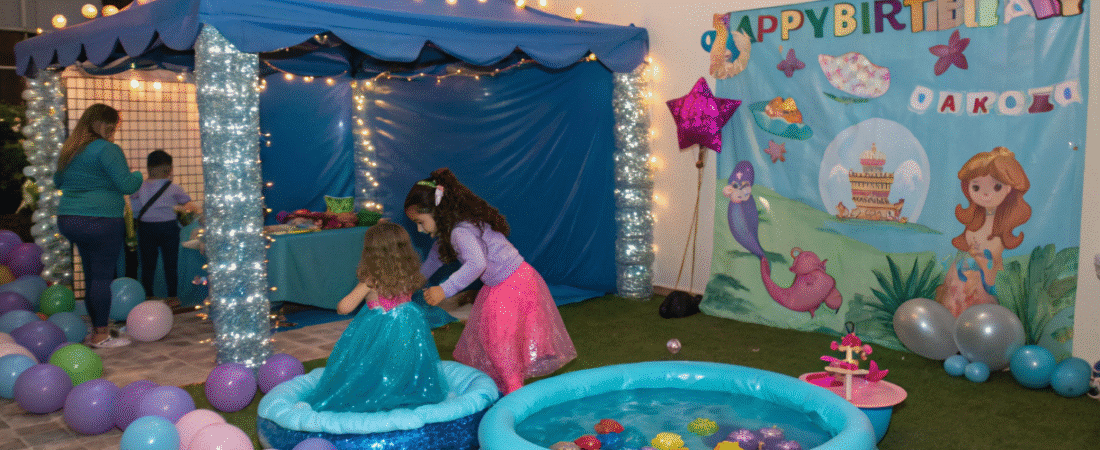 Mermaid Party A vibrant and lively photo depicting a festive indoor party setting with a festive atmosphere. The image features a variety of decorations, including a string of lights, a cheerful banner, and a colorful array of balloons. The scene is characterized by a blend of soft and bright lighting, creating a warm and inviting ambiance.