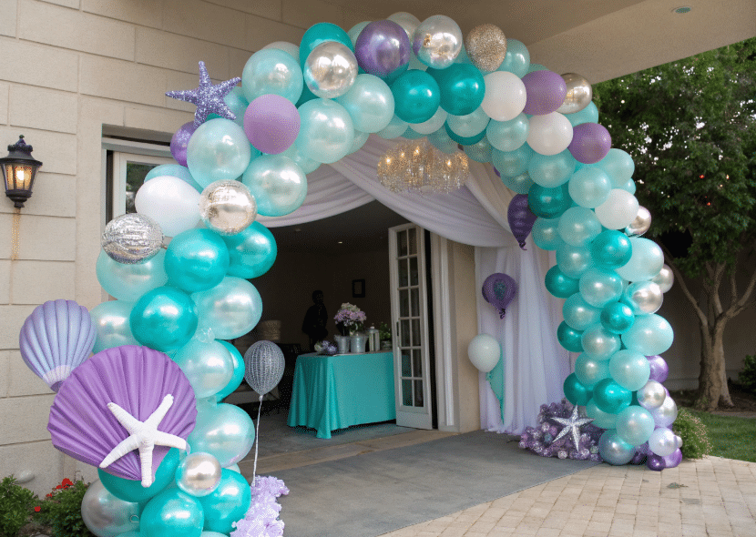 Mermaid Party Entrance Photograph of an elaborate mermaid-themed balloon arch in teal, lavender, and silver, adorned with seashells and starfish, creating a whimsical underwater party entrance.