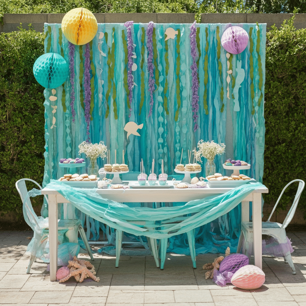 Mermaid Party Setup Photograph of a vibrant mermaid-themed outdoor dessert table, featuring blue and purple decorations, various sweets, and marine accents, perfect for children's parties.