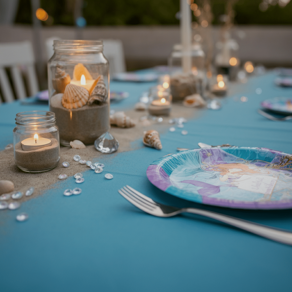 Mermaid Party Table Photograph of a mermaid-themed outdoor party table setting with sand, seashells, candles in jars, and a blue tablecloth, evoking a magical, celebratory, and whimsical atmosphere.