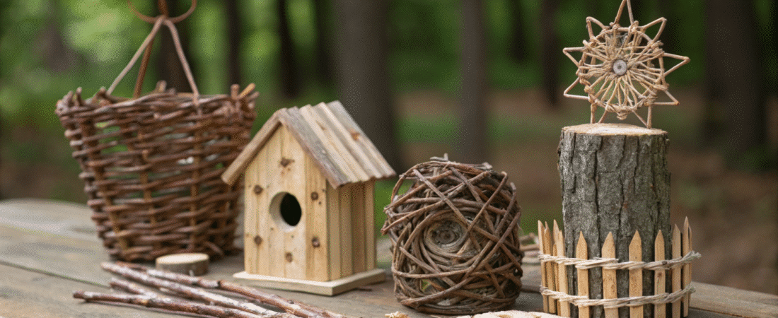 A photo of a rustic, crafty setting with a variety of wooden and natural materials. The image features a collection of items with a focus on natural textures and earthy tones.