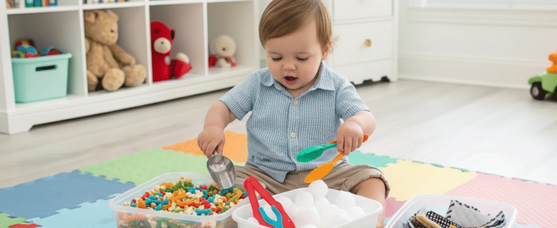 No Mess Activities for 2 Year Olds A photo of a young child in a playful and homey environment. The child, appearing to be a toddler with a youthful physique and a focused expression, is surrounded by a variety of toys and items on a colorful, multi-colored, and patterned play mat.