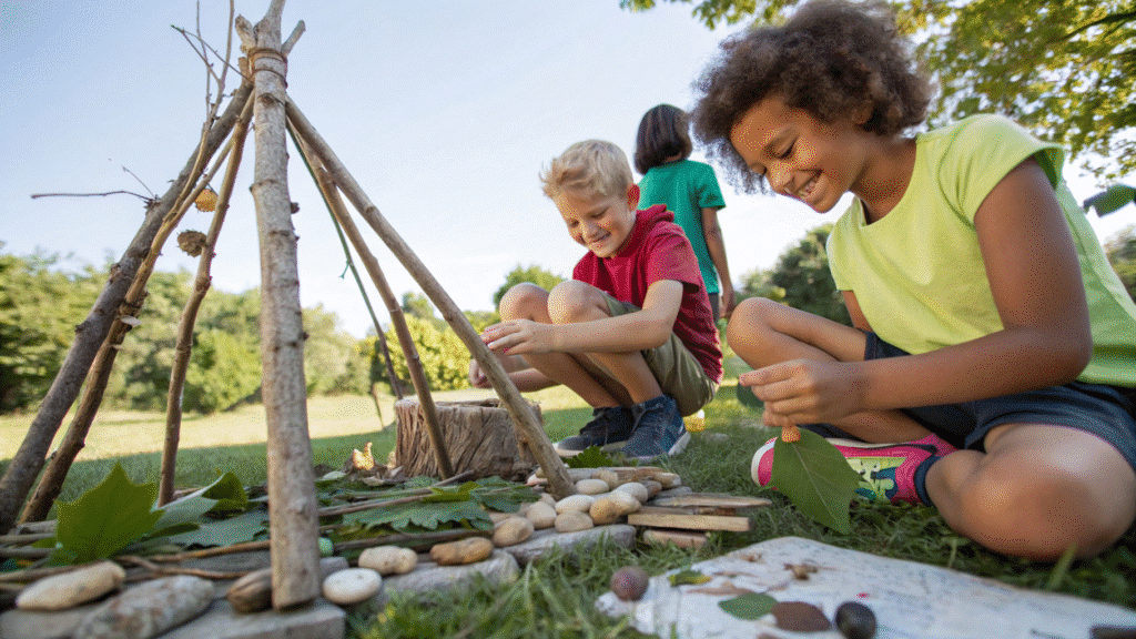 Older Kids Making Stick Crafts Older kids engaging in fun stick crafts outdoors, highlighting their creativity with natural materials.