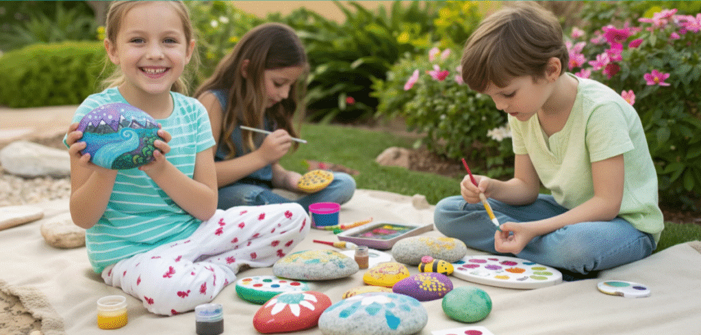 Paint and Color Crafts Kids painting rocks and creating colorful art pieces for their craft projects.