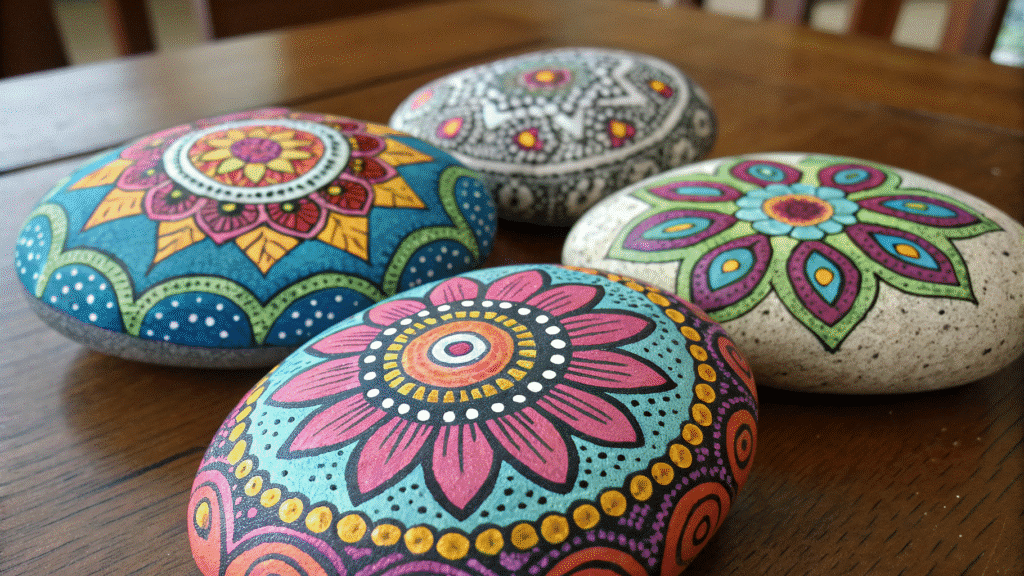 Painted Rocks Painted rocks with intricate designs and bright colors.