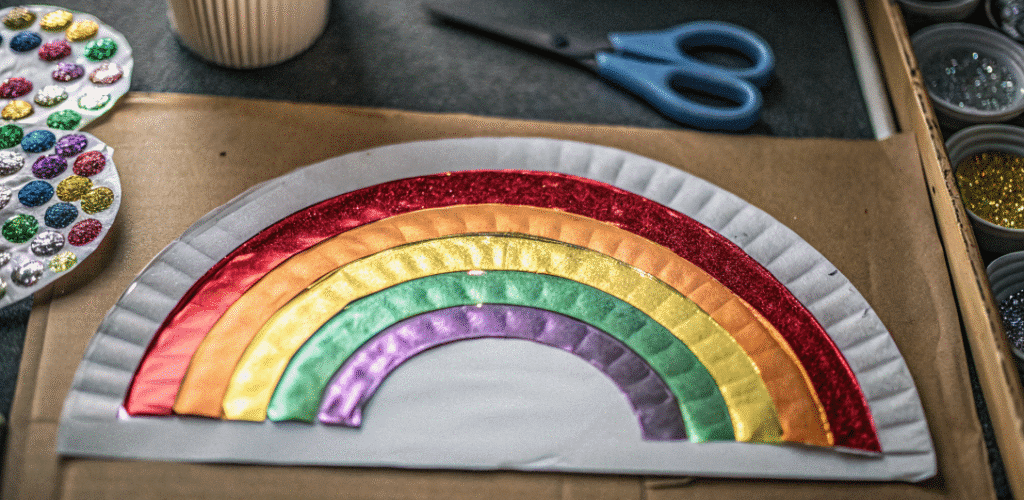 Paper Plate Rainbow A paper plate rainbow craft made with colored paper and craft supplies.